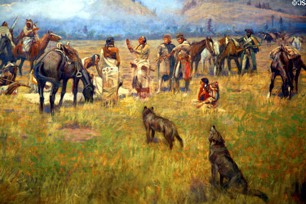 Detail of Core of Discovery in background of Charles M. Russell's painting of Lewis & Clark in House chamber of Montana State Capitol. Helena, MT.