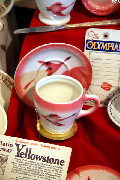 Traveler china cup & saucer used by Milwaukee Railroad on Gallatin Gateway into Yellowstone Park at Museum of the Yellowstone. West Yellowstone, MT.