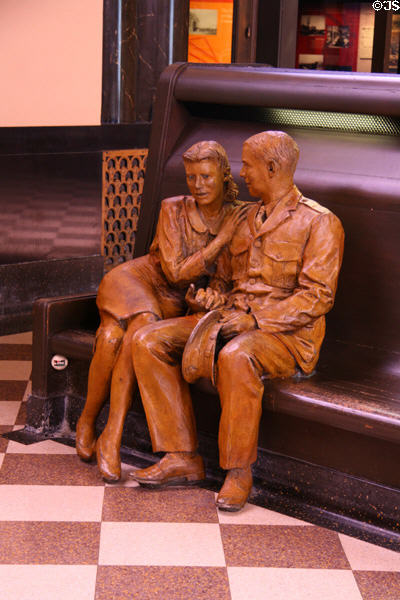 Sculpted passengers in waiting room capture past of Omaha Union Station. Omaha, NE.