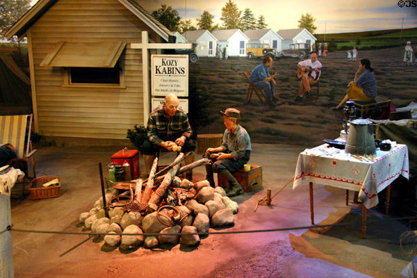 Kearney Arch display of historic Cabins on the Lincoln Highway during time of early driving tourism. Kearney, NE.
