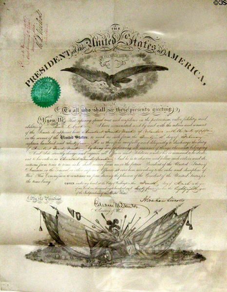 Civil War officer's commission (March 4, 1864) signed by Abraham Lincoln at Woodman Museum. Dover, NH.
