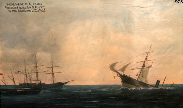 Civil War naval battle off Cherbourg, France between Kearsarge & Alabama painting at Woodman Museum. Dover, NH.