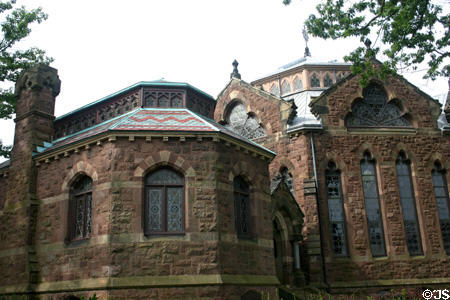 Multicolored stone walls of Victorian Gothic Chancellor Green Library. NJ.