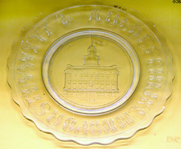 Independence Hall glass Centennial commemorative plate (1876) by Gillinder & Sons of Philadelphia, PA at Museum of American Glass. Milville, NJ.