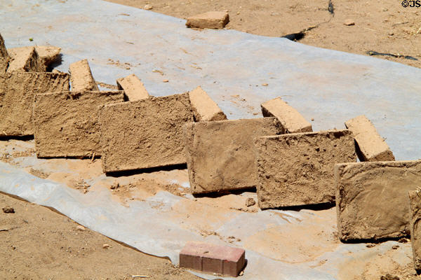 Adobe bricks being dried for restoration project at San Miguel Mission. Santa Fe, NM.