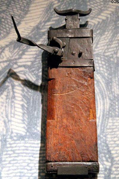 Wagon jack used to repair wagon wheels on the trail at New Mexico History Museum. Santa Fe, NM.