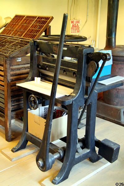 Paper cutting machine in print shop at New Mexico History Museum. Santa Fe, NM.