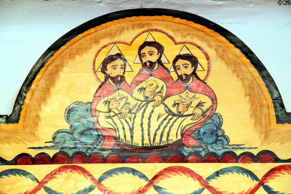 Holy Trinity by Charlie Carillo on Reredos in Golondrinas Chapel at Rancho de las Golondrinas. Santa Fe, NM.