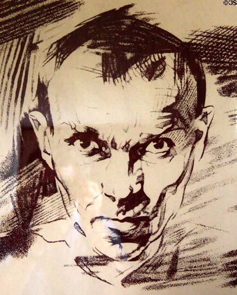 Nicolai Fechin portrait detail on Russian poster at Taos Art Museum. Taos, NM.