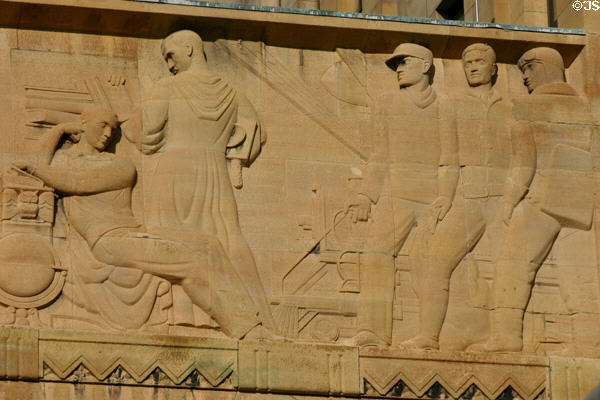 Section of relief on facade of City Hall showing engineering & transportation including rail, aviation & dirigible. Buffalo, NY.