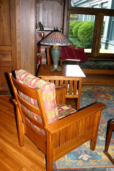 Arts & Crafts-style furniture in lobby of Roycroft Inn. East Aurora, NY.
