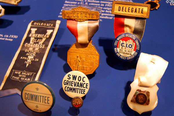 Steel Workers Organizing Committee labor union buttons (1930s-40s) at Buffalo History Museum (BECHS). Buffalo, NY.
