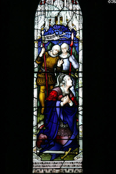 Stained glass windows with knight in Sage Chapel on Cornell Campus. Ithaca, NY.