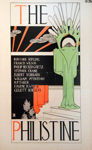 The Philistine poster promotes Roycroft's magazine at Elbert Hubbard Roycroft Museum. East Aurora, NY.