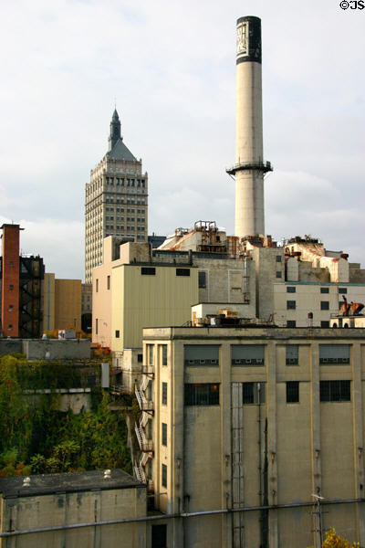 High Falls industrial buildings with Kodak Tower beyond. Rochester, NY.