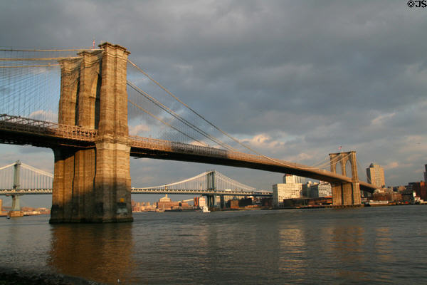 Brooklyn Bridge (1883) (1,825m) (across East River from Manhattan to Brooklyn). New York, NY. Architect: Washington A. Roebling. On National Register.