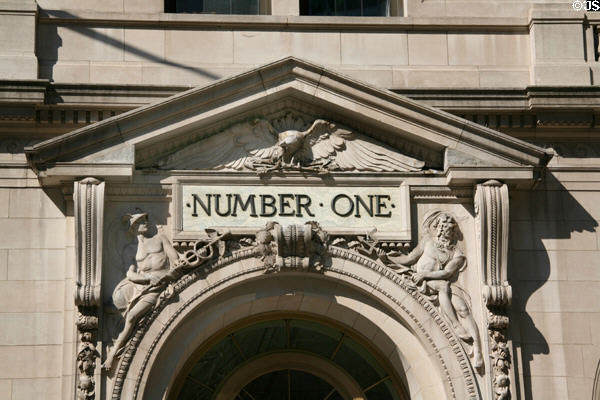 Eagle, Mercury & Neptune carvings over portal of United States Lines (now One Broadway) building. New York, NY.