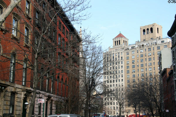 Stuyvesant St. townhouses with St. Marks-in-the-Bowery 170 2nd Avenue (1928) by Segal & Sohn & 166 2nd Avenue (1930) by Emery Roth. New York, NY.