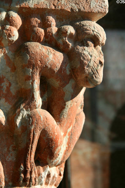 Monkey-like creature carved on capital of Cuxa Cloisters at The Cloisters. New York, NY.