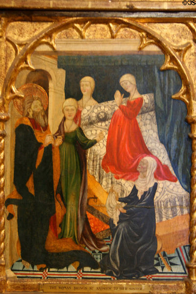 Woman brings St Andrew to her sister detail from Life of St Andrew Retable at The Cloisters. New York, NY.