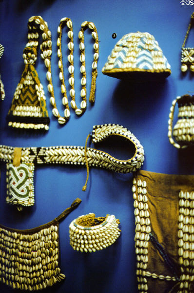 Cowry shell money & adornments from Congo at Museum of Natural History. New York, NY.
