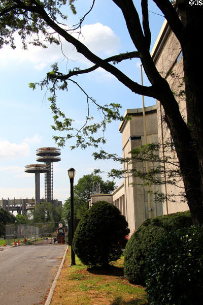 Queens Museum of Art (former New York City Building) (1939) with former New York State Pavilion (1964) beyond. Brooklyn, NY.