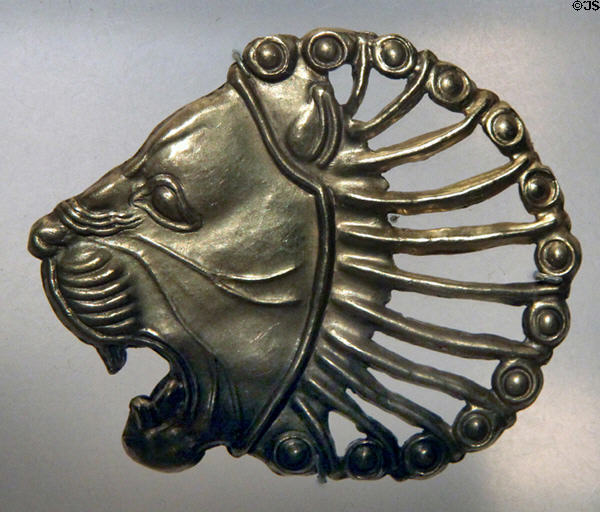 Persian gold head of snarling lion (6th-5thC BCE) probably from Ecbatana, Persia at Brooklyn Museum. Brooklyn, NY.