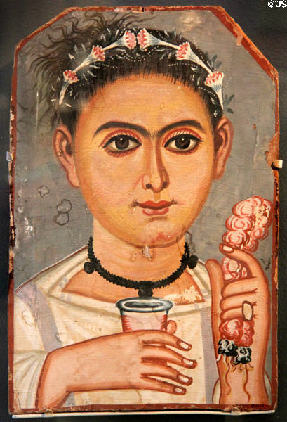 Egyptian funeral mask of boy with floral garland (c200-230 CE) at Brooklyn Museum. Brooklyn, NY.