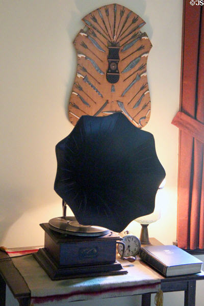 Victrola & miniature knife collection in boy's bedroom at Roosevelt's House Sagamore Hill NHS. Cove Neck, NY.