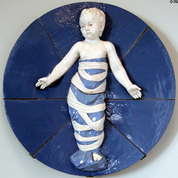 Terra cotta "Della Robbia" Foundling Plaque (1926) by Clement J. Barnhorn of Rookwood Pottery Co. of Cincinnati at Cincinnati Art Museum. Cincinnati, OH.