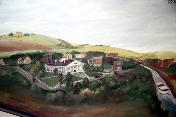 Frontier village with canal boat scene painted in stairwell at Sherwood-Davidson House. Newark, OH.