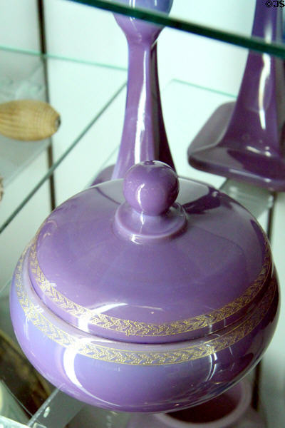 Helio glass covered box with gold trim (c1923-mid 20s) at National Museum of Cambridge Glass. Cambridge, OH.