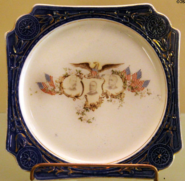 William McKinley, Admiral George Dewey & Charles Dwight Sigsbee (Captain USS) on Spanish American War souvenir plate (1898) by West End Pottery Co. at Museum of Ceramics. East Liverpool, OH.