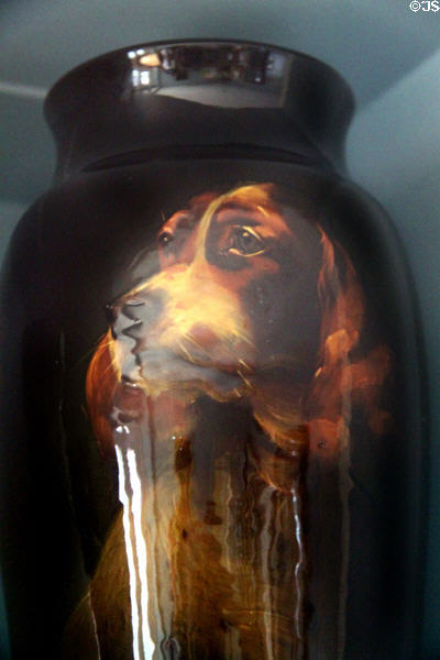Rozane Royal vase with painted dog's face by Hester Pillsbury of Roseville Pottery Co. at Mathews House Museum. Zanesville, OH.