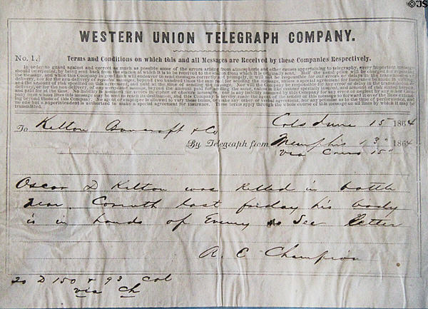 Telegram 1864 announcing death of Oscar Kelton in Civil War at Kelton House Museum. Columbus, OH.