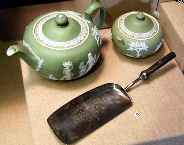 Garfield's Jasperware teapot by Wedgwood & silver cake server at Garfield NHS. Mentor, OH.