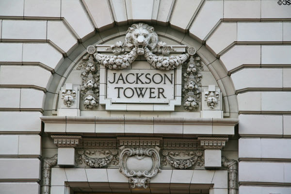 Lion holding garland over doorway of Jackson Tower. Portland, OR.