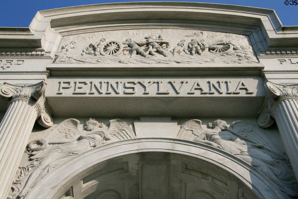 Sculpted details of Pennsylvania monument by Samuel A. Murray at Gettysburg National Military Park. Gettysburg, PA.
