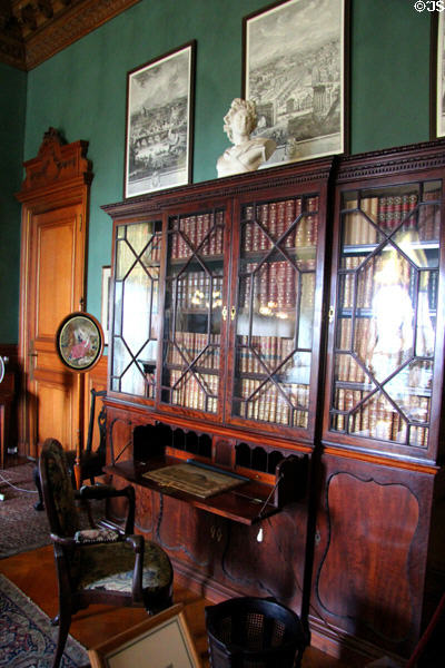 Bookcase with desk in Green Room at The Elms. Newport, RI.