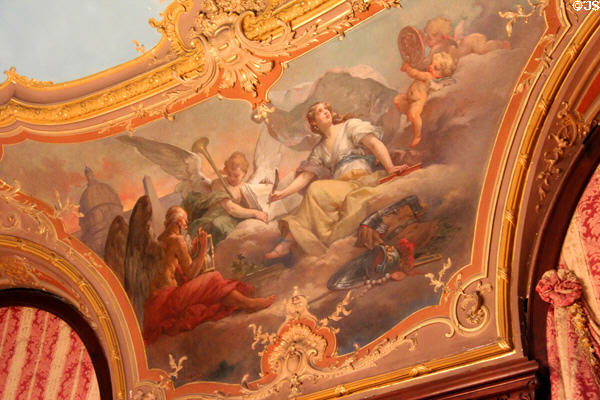 Library painting of Clio, Muse of History, writing while Time looks on in Library at Marble House. Newport, RI.