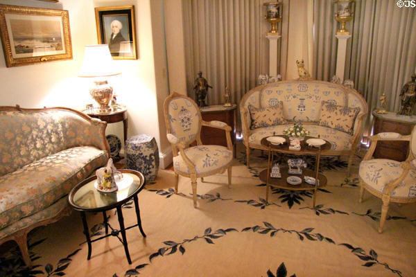 Sitting room with Louis XVI-style chairs at Chepstow. Newport, RI.