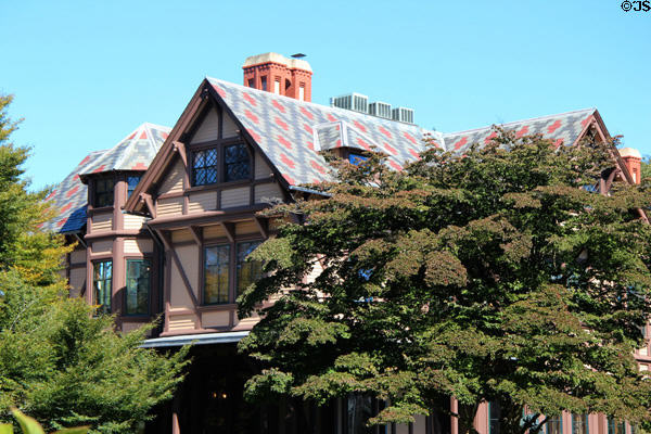 Stick-style roofline of Griswald House of Newport Art Museum. Newport, RI.