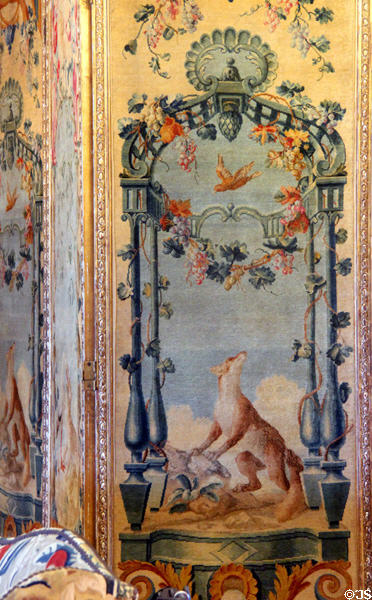 Detail of Regence Savonnerie screen (c1720) showing de La Fontaine fable of sour grapes at Rough Point. Newport, RI.