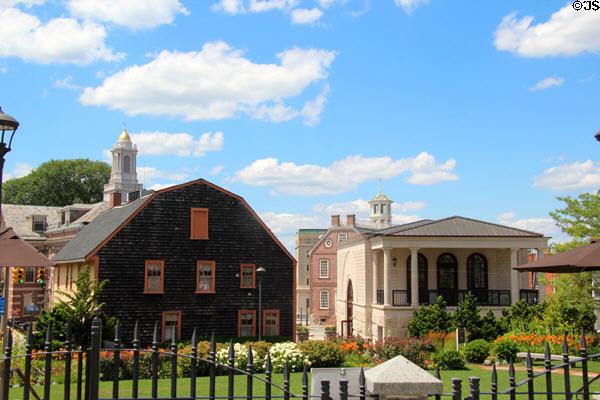 View from Touro Synagogue to Newport historic center with gambrel-roofed Barney House (1777) & porticoed visitors center (2010). Newport, RI.