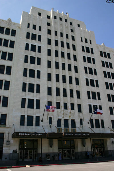 Galveston Island Railroad Museum in Old Santa Fe depot (1932) (123 Rosenberg St.) now Shearn Moody Plaza. Galveston, TX. Style: Art Deco.