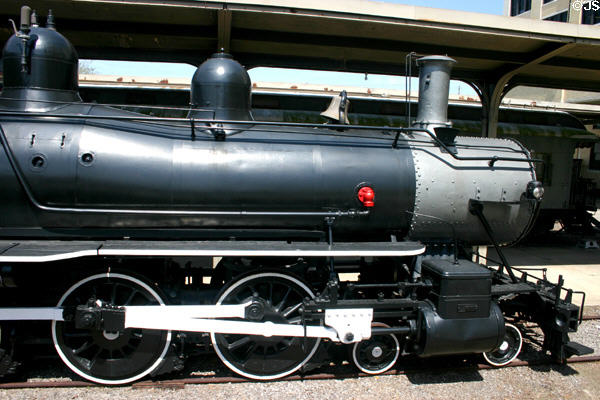 Boiler & drive wheels of Cook Locomotive Works 4-6-0 steam locomotive (1893) at Railroad Museum. Galveston, TX.