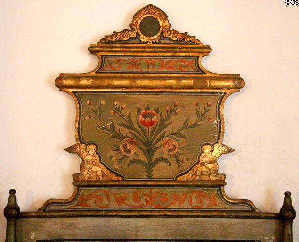 Painted Spanish colonial headboard from Catalonia at Spanish Governor's Palace. San Antonio, TX.