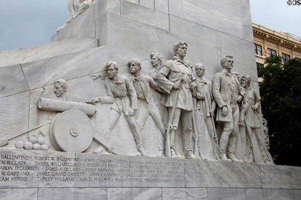 Men who died at the Alamo including James B. Bonham & James Bowie on east panel of Alamo Cenotaph. San Antonio, TX.