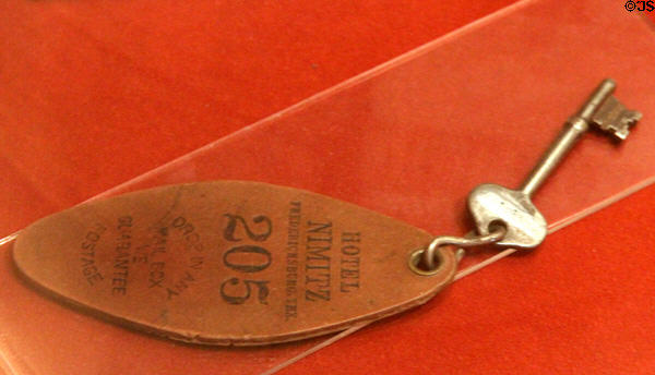 Nimitz Hotel key at Admiral Nimitz Museum. Fredericksburg, TX.
