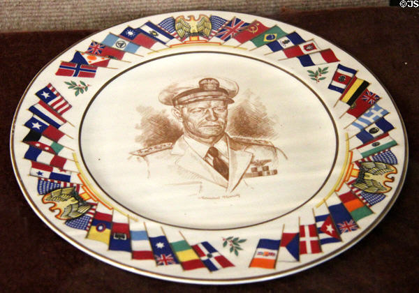 Commemorative plate of Admiral Chester Nimitz with flags of Allied WW II partners at Pioneer Museum. Fredericksburg, TX.